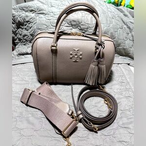 Tory Burch Thea Gray Leather Small Satchel Crossbody Shoulder Bag